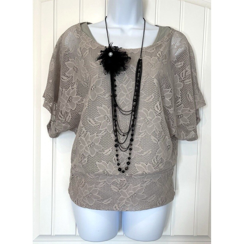 Celine Womens Medium Gray Lace Blouse Removable Necklace Short Sleeve Loose Top